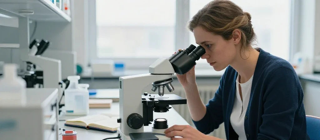 Une scientifique française utilisant un microscope de précision pour illustrer la recherche et l'innovation technologique.