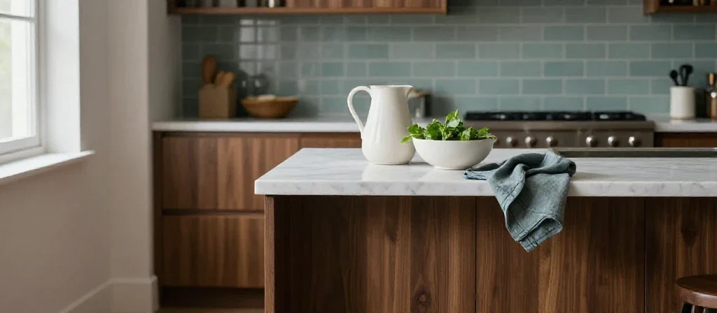 Un îlot de cuisine moderne avec des accessoires colorés illustrant un aménagement intérieur raffiné.