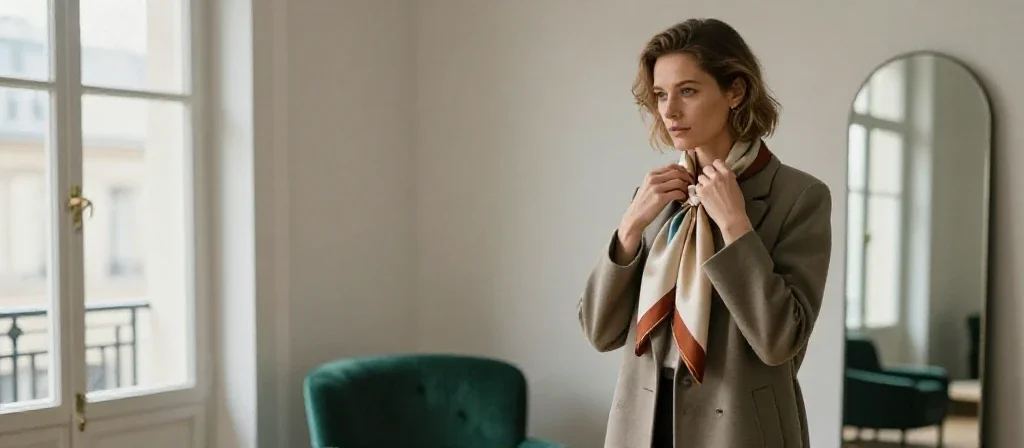 Une femme élégante ajuste son foulard rouge dans un intérieur parisien minimaliste et lumineux.