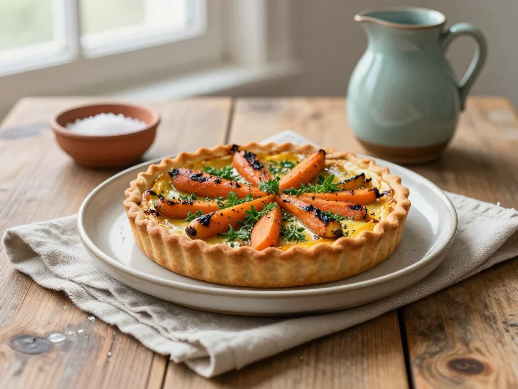 Plat de saison coloré sur table rustique, évoquant une approche simple et authentique.