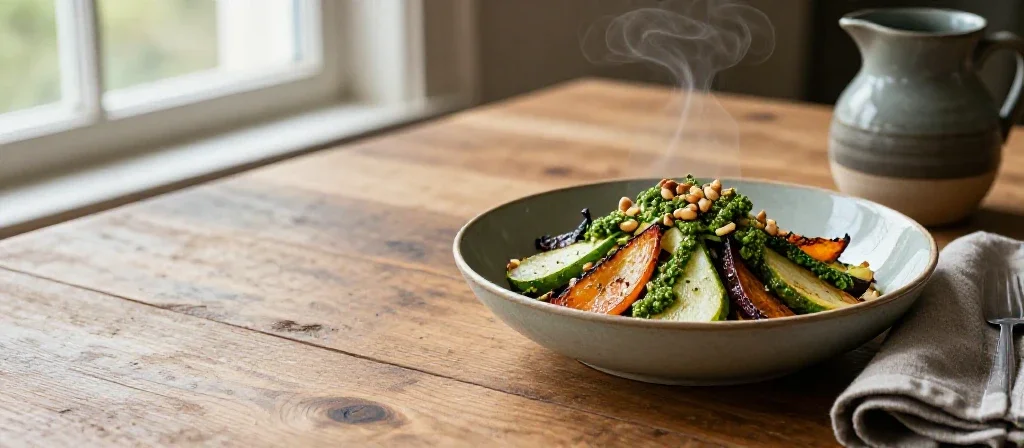 Salade de légumes rôtis servie dans un bol artisanal, évoquant une cuisine saine et authentique.